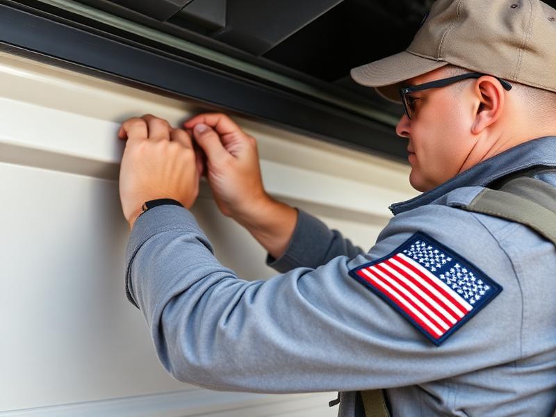 Certified military veteran technician replacing garage door weather seal with American flag patch