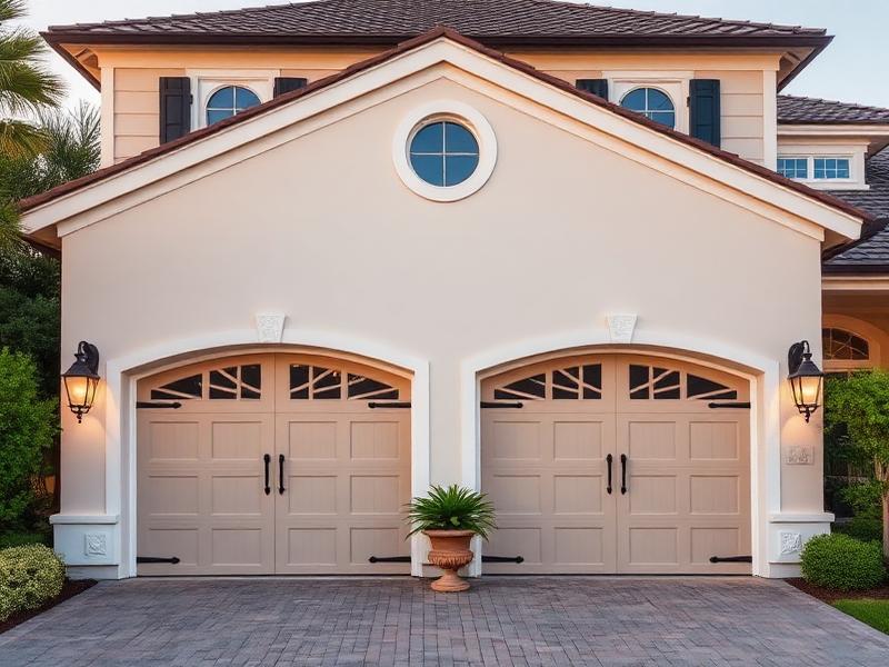Luxury home with elegant coastal style garage doors and beautiful landscaping