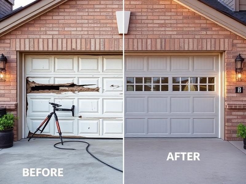 Before and after garage door transformation showing dramatic improvement