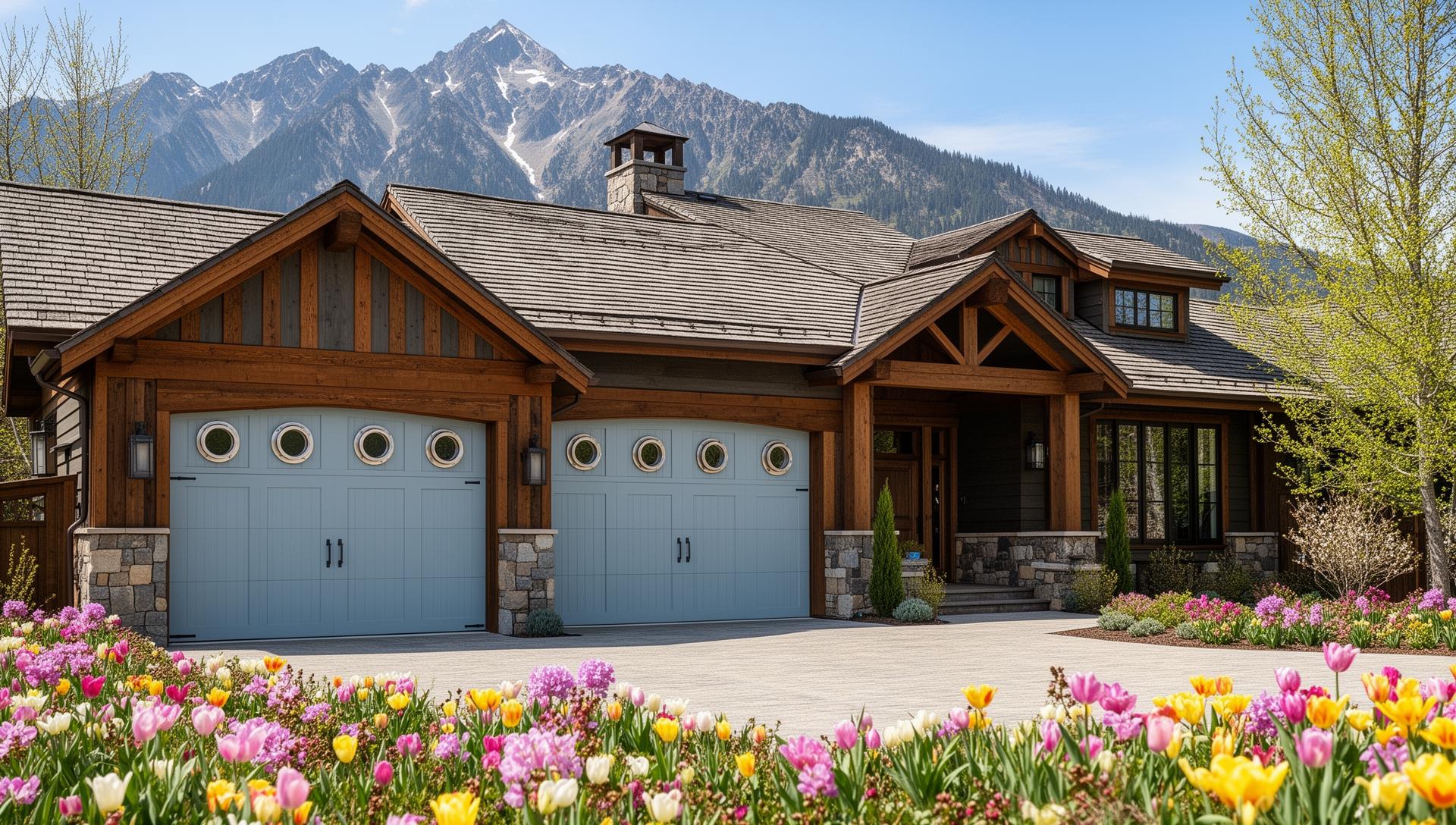 Beautiful mountain lodge home with coastal style garage doors featuring porthole windows in Waterford, CT